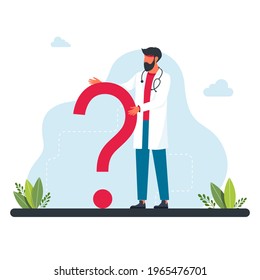 The doctor stands in front of large question mark. Questions to doctor about disease, online consultation, faq. Ask the doctor. Doctor, medical professional is standing in front a question mark.