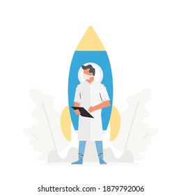 The doctor stands in front of a large rocket. Health insurance and medical business startup concept vector illustration.