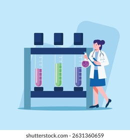 A doctor stands in a laboratory, holding a clipboard and test tube with colored liquid for scientific research.