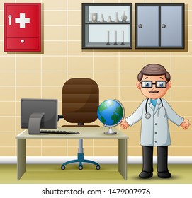 The doctor stands near a table with a computer