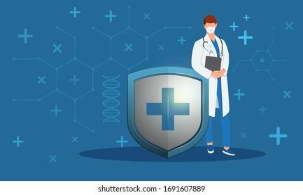 Der Arzt steht neben dem Schild. Konzept des medizinischen Schutzes.Blauer Hintergrund. Stockillustration.