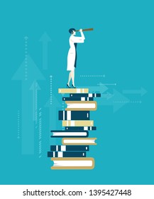 Doctor Stands On The Pile Of Books And Looking To The Future With Telescope. Knowledge, Data, Intellectual Progress. Business Concept Illustration 