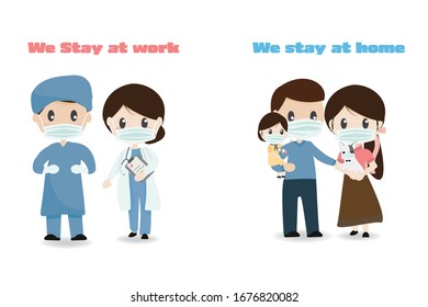 Doctor Stay At Work Family Stay At Home To Help Reduce Corona Virus Pandemic Eps10 Vector Illustration