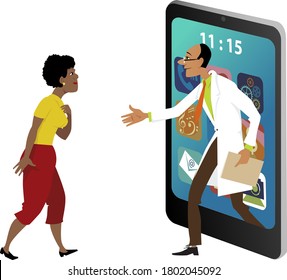 Doctor stepping out of a smartphone and shaking hands with a female patient, EPS 8 vector illustration on tele-medicine