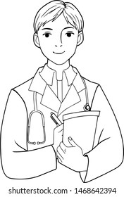 Doctor with stethoscope around his neck. Vector outline illustration drawings on a white background