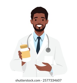 Doctor with a stethoscope around his neck, holding a bottle of medicine, medical guidance. Flat vector illustration isolated on white background