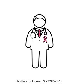 Doctor with a stethoscope and cancer awareness ribbon on a white background