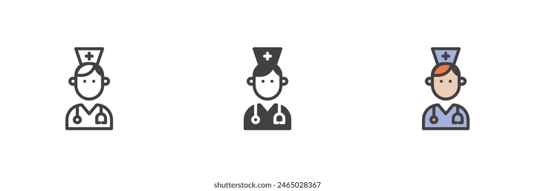 Doctor con estetoscopio diferente estilo conjunto de iconos. Línea, glifo y contorno relleno versión colorida, contorno y Vector relleno signo. Médico, símbolo médico, ilustración del logotipo. Vector gráfico