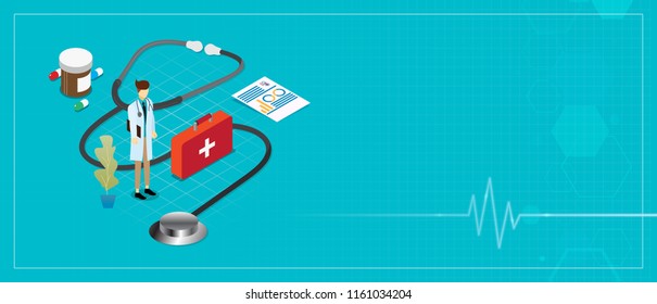 The doctor and Stethoscope equipment green banner background isometric objects concept