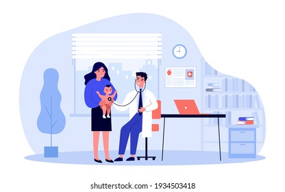 Doctor with stethoscope examining baby. Hospital, pediatrician, mother with infant flat vector illustration. Healthcare concept for banner, website design or landing web page