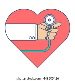 Doctor With A Stethoscope Exams Heart Pulse. Medicine And Health Flat Line Concept Illustration. Cardiologist Is Holding A Phonendoscope And Checkin A Heartbeat. Medical And Health Vector Element.