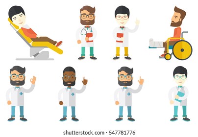 Doctor with stethoscope and folder. Doctor carrying folder of patient information. Doctor holding folder with medical information. Set of vector flat design illustrations isolated on white background.