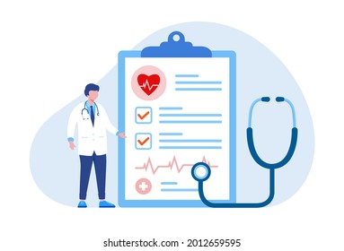 Doctor with stethoscope and form, medical insurance concept flat vector illustration banner and landing page