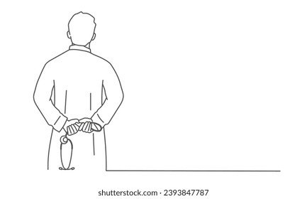 Doctor with stethoscope has his back turned. Hand drawn vector illustration. Black and white.