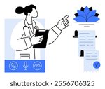 Doctor with stethoscope holding clipboard pointing towards a symbol of healing above medical document, with checkmark Ideal for telemedicine healthcare doctor consultation medical notes and wellbeing