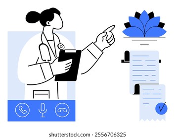 Doctor with stethoscope holding clipboard pointing towards a symbol of healing above medical document, with checkmark Ideal for telemedicine healthcare doctor consultation medical notes and wellbeing