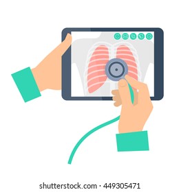 Doctor with stethoscope holding a tablet computer with lung radiography. Telemedicine, telehealth flat concept illustration. Medic's hands, chest x-ray image on a screen, phonendoscope. Vector element