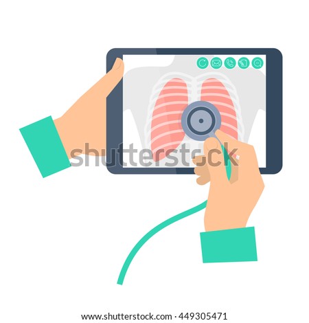 Doctor with stethoscope holding a tablet computer with lung radiography. Telemedicine, telehealth flat concept illustration. Medic's hands, chest x-ray image on a screen, phonendoscope. Vector element