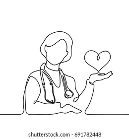 Doctor and stethoscope keep heart  Continuous line drawing  Vector illustration white background