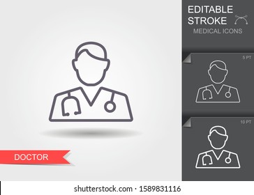 Doctor with stethoscope. Line icon with editable stroke with shadow