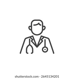 Doctor with stethoscope line icon. Outline vector icon representing a medical professional in uniform. Health care symbol icon for clinic, diagnosis, and support. Stroke vector sign.