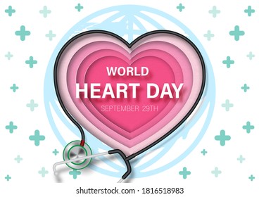 Doctor stethoscope make in a heart shape on pink heart in layers paper cut out style with World Heart Day lettering and green cross pattern and white background.