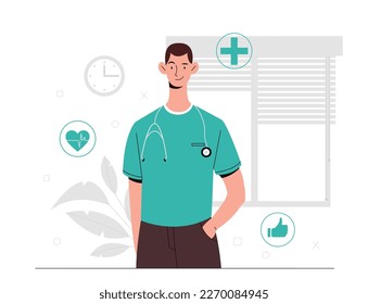 Doctor with stethoscope. Man in uniform at workplace, therapist. Hospital worker and nurse, medical specialist. Health care, medicine and prevention. Cartoon flat vector illustration