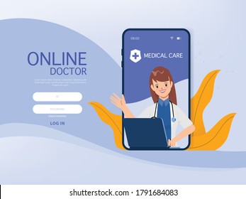 Doctor with stethoscope medical booking application ui design.
