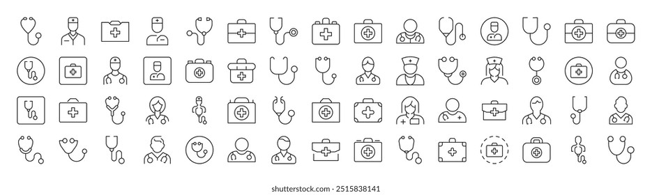 Doctor, Stethoscope, Medical Suitcase Outline Icon Collection. Editable Stroke. Perfect for Infographics, Articles, Books, Flyers, Banners