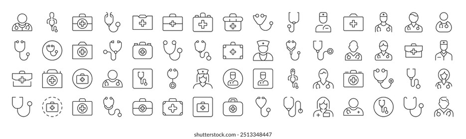 Doctor, Stethoscope, Medical Suitcase Simple Icon Collection. Editable Stroke. Perfect for Infographics, Articles, Books, Flyers, Banners