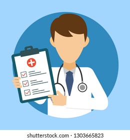 Doctor With Stethoscope And Medical Test. Medic Icon In Flat Style. Health Care Services Concept. Banner With Online Doctor Diagnosis. Medical Examination. Vector Illustration.