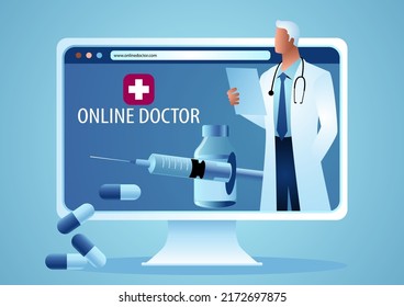 Doctor with stethoscope on computer screen, online medical support concept, vector illustration