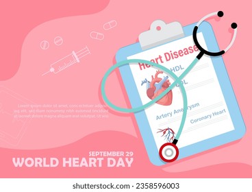 Doctor stethoscope on a heart disease clipboard with the day and name of event, example texts on pink background. Poster campaign of World Heart Day in flat style and vector design