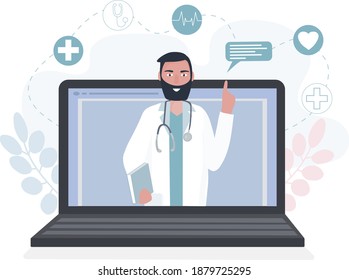 A doctor with a stethoscope on a laptop screen talks to a patient online. Medical consultations, exams and treatment services concept. Health care conference online. for clinic website, app. Flat Vector