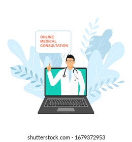 Doctor with stethoscope on the screen, concept of online diagnostics, vector illustration in flat style. online medical application. 