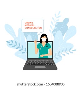 Doctor con estetoscopio en la pantalla, concepto de diagnóstico en línea, ilustración vectorial en estilo plano. solicitud médica en línea.