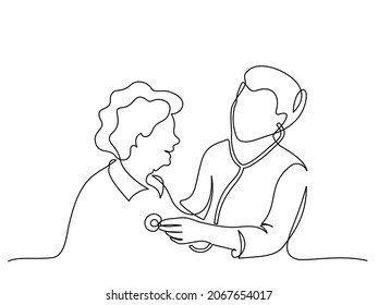Doctor stethoscope patient old woman  Hospital scene  Continuous one line drawing  Vector illustration 