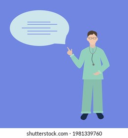 Doctor with a stethoscope. Doctor presenting information, pointing finger upwards.Cartoon doctor. Vector illustration.