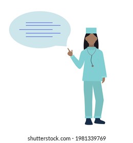 Doctor with a stethoscope. Doctor presenting information, pointing finger upwards.Cartoon doctor. Vector illustration.