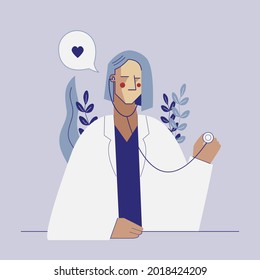 Doctor with stethoscope ready to checking patient. Female doctor flat illustration. Simple concept.