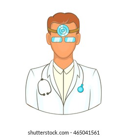Doctor with stethoscope and reflector frontal of otolaryngologist icon in cartoon style on a white background