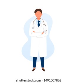 Doctor with stethoscope standing arms across. Flat modern trendy style.Vector illustration character icon. Isolated on white background. 
