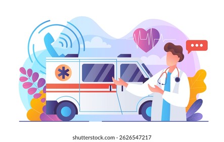 Doctor with stethoscope stands near ambulance van, communication icons and heart rate graphic on colorful abstract background. Emergency healthcare concept. Vector illustration