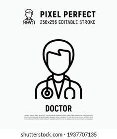 Doctor With Stethoscope Thin Line Icon. Healthcare Worker. Editable Stroke, Pixel Perfect. Vector Illustration.
