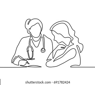 Doctor With Stethoscope Treat Patient Woman. Continuous Line Drawing. Vector Illustration On White Background