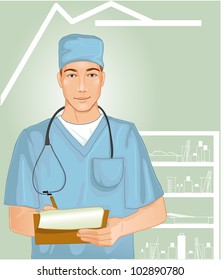 Doctor with stethoscope. Vector image of a young doctor with stethoscope in the hospital room who writes notes