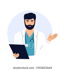 Doctor With A Stethoscope And In A White Coat Is Holding Clipboard. Telemedicine Concept. Chat With A Medical Worker.