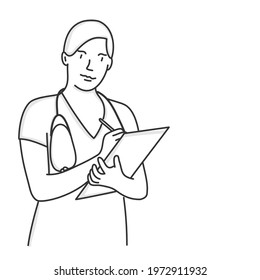 Doctor with a stethoscope writes something. Hand drawn vector illustration.