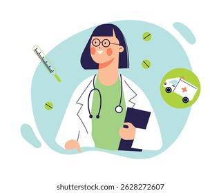 Doctor with stethoscope.Medical consultation concept. Vector illustration.Flat cartoon design on white background.Perfect for medical websites,clinic brochures,healthcare apps and educational material