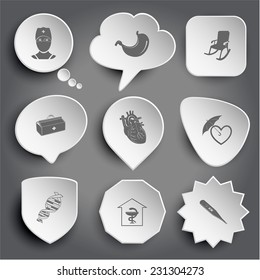 doctor, stomach, armchair, medical suitcase, heart, protection love, dna, pharmacy, thermometer. White vector buttons on gray.